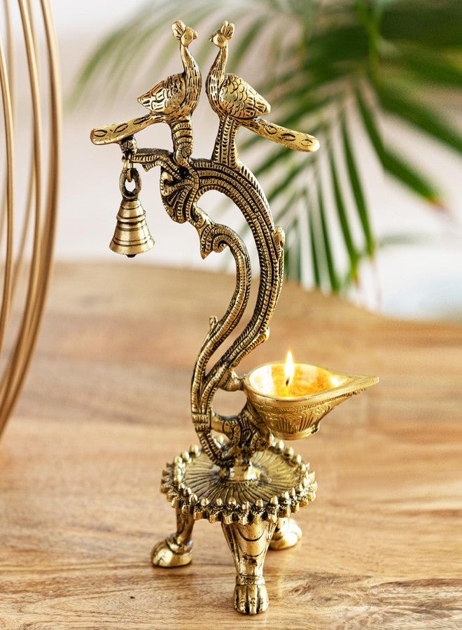 إكسكلوسيف لاين مصباح زيت نحاسي فاخر من ExclusiveLane بتصميم "زوج من الطاووس" لغرفة الصلاة، مزين بالأحجار الكريمة (نحاس نقي 100%، فتيل واحد، 20 مل، 1.3 كجم) | مصابيح زيت نحاسية لغرفة الصلاة، مصابيح زيت لتدفئة المنزل، مصابيح زيت للطاولة، هدايا تذكارية لعيد ديوالي - Image 1